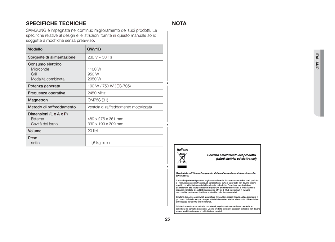 Samsung GW71B-S/XET, GW71B/XET manual Specifiche tecnicheNota, Modello 