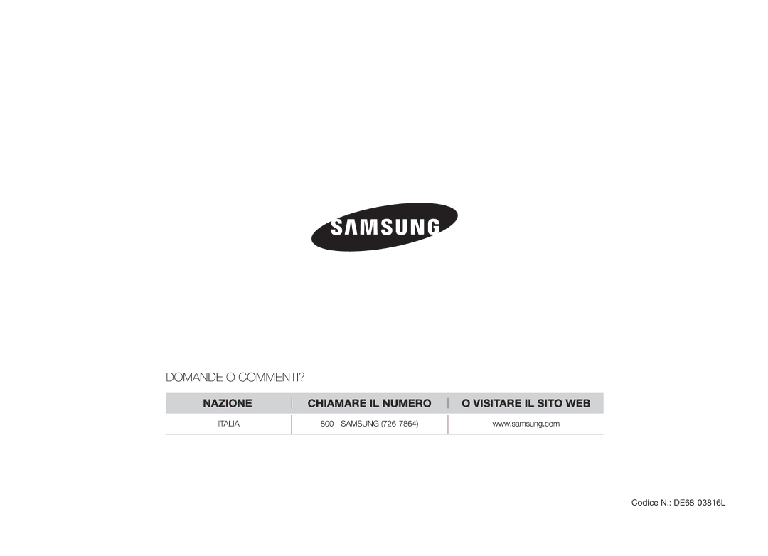 Samsung GW71B/XET, GW71B-S/XET manual Codice N. DE68-03816L 