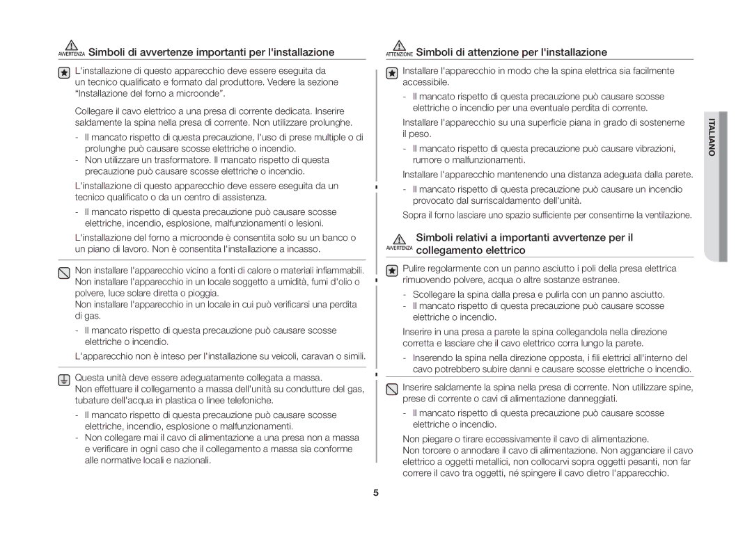 Samsung GW71B-S/XET, GW71B/XET manual Attenzione Simboli di attenzione per linstallazione 