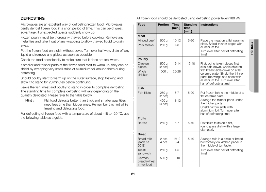 Samsung GW71B/BOL, GW71B/XET, GW71B/ELE, GW71B/XEG, GW71B/XEO manual Defrosting, Food Portion Time Standing Instructions Min 