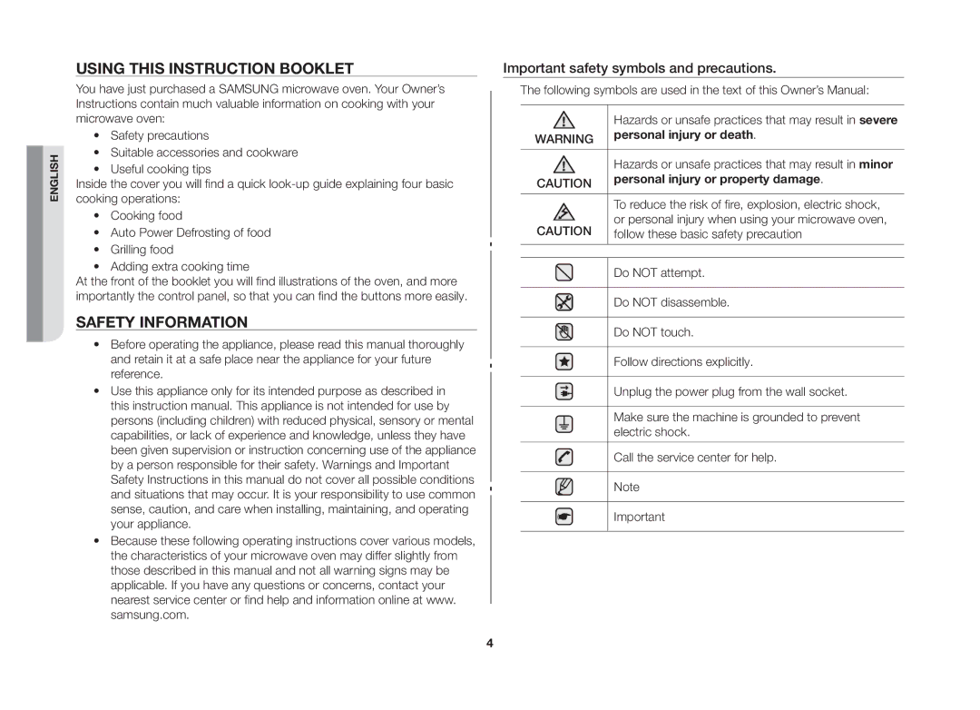 Samsung GW71B/XEO, GW71B/XET, GW71B/BOL, GW71B/ELE, GW71B/XEG manual Using this instruction booklet, Safety information 