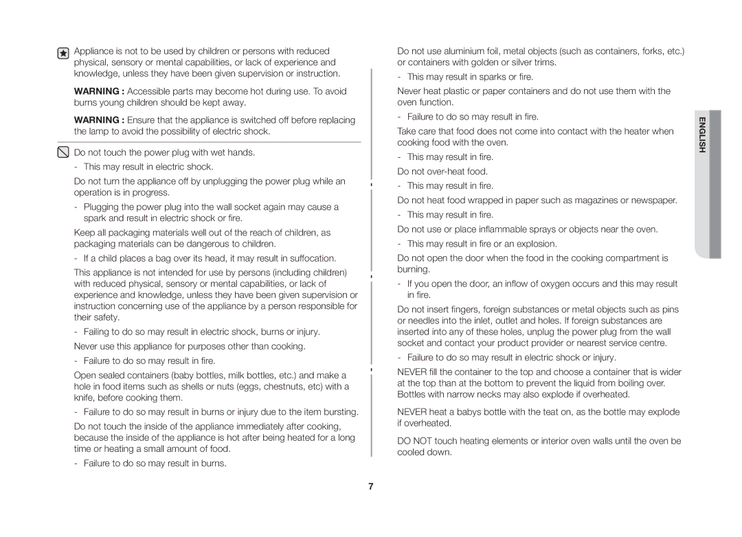 Samsung GW71B/ELE, GW71B/XET, GW71B/BOL, GW71B/XEG, GW71B/XEO manual This may result in fire. Do not over-heat food 