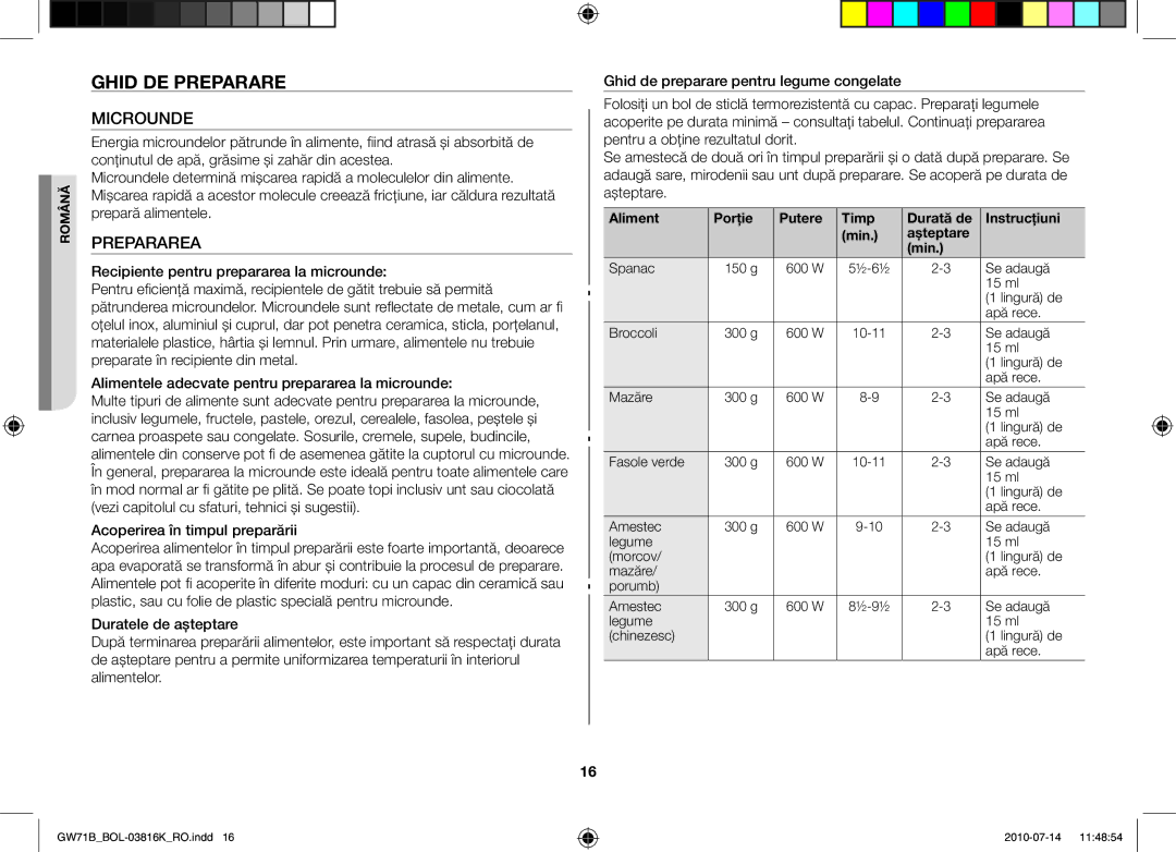 Samsung GW71B/XET, GW71B/BOL, GW71B/ELE, GW71B/XEG, GW71B/XEO manual Ghid de preparare, Microunde, Prepararea 