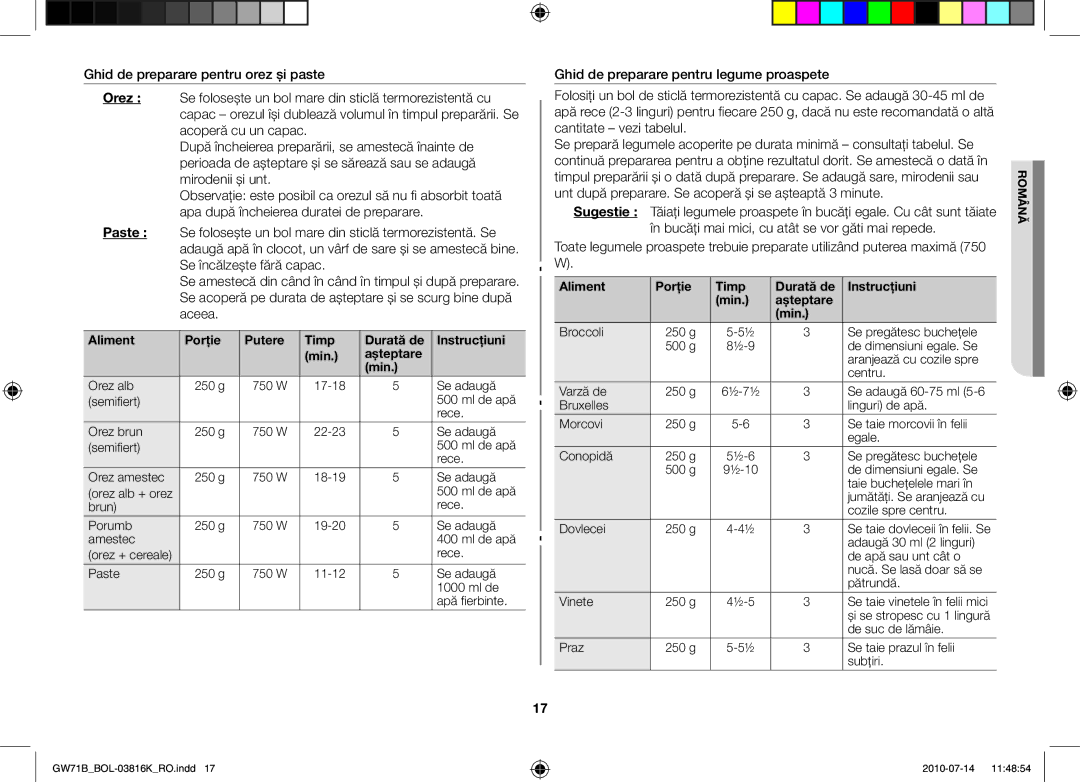 Samsung GW71B/BOL Aliment Porţie Putere Timp Durată de Instrucţiuni Min, Aliment Porţie Timp Durată de Instrucţiuni Min 