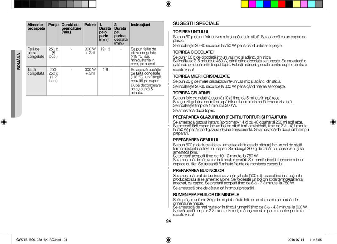 Samsung GW71B/XEG, GW71B/XET manual Sugestii Speciale, Scoate vasul, Se amestecă bine de câteva ori în timpul preparării 