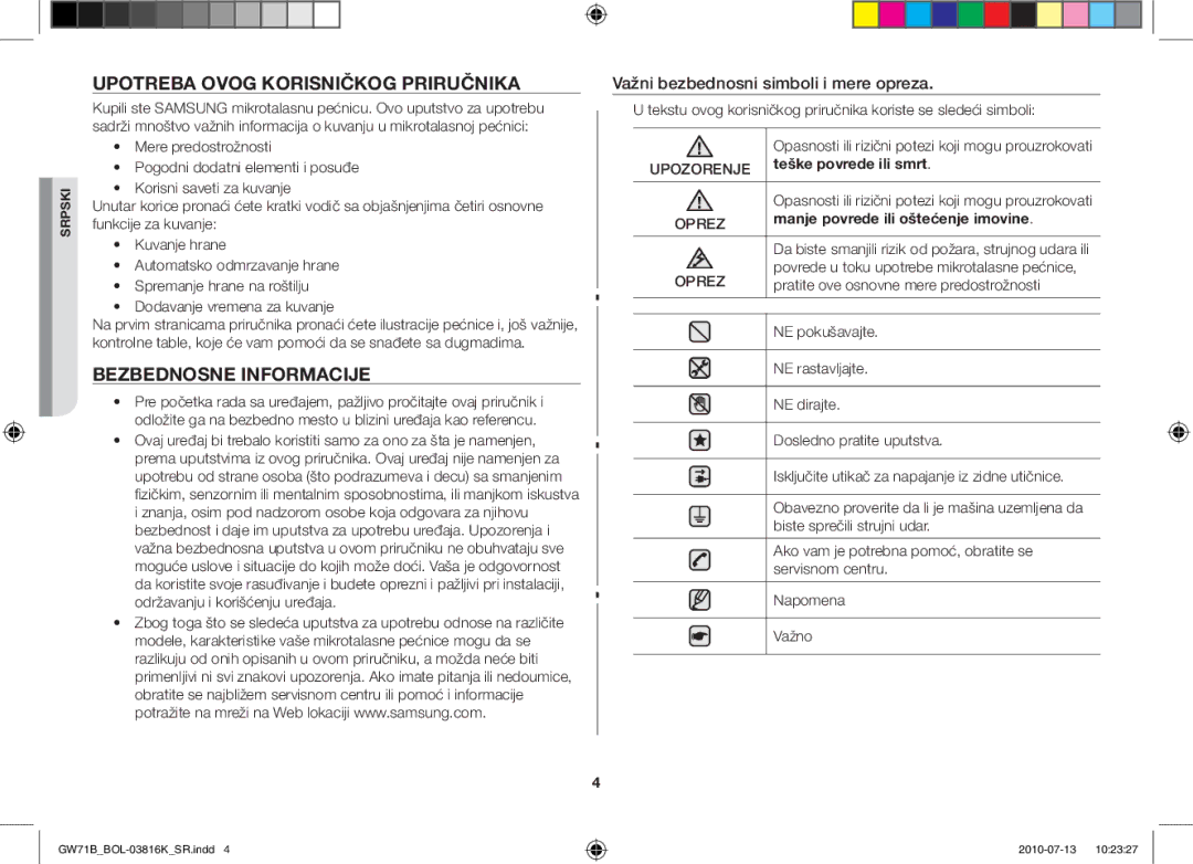 Samsung GW71B/BOL Upotreba ovog korisničkog priručnika, Bezbednosne informacije, Važni bezbednosni simboli i mere opreza 