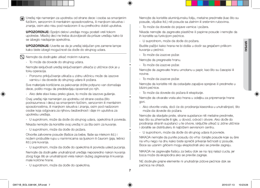 Samsung GW71B/XEO, GW71B/XET, GW71B/BOL, GW71B/ELE, GW71B/XEG manual To može da izazove požar. Nemojte da pregrevate hranu 