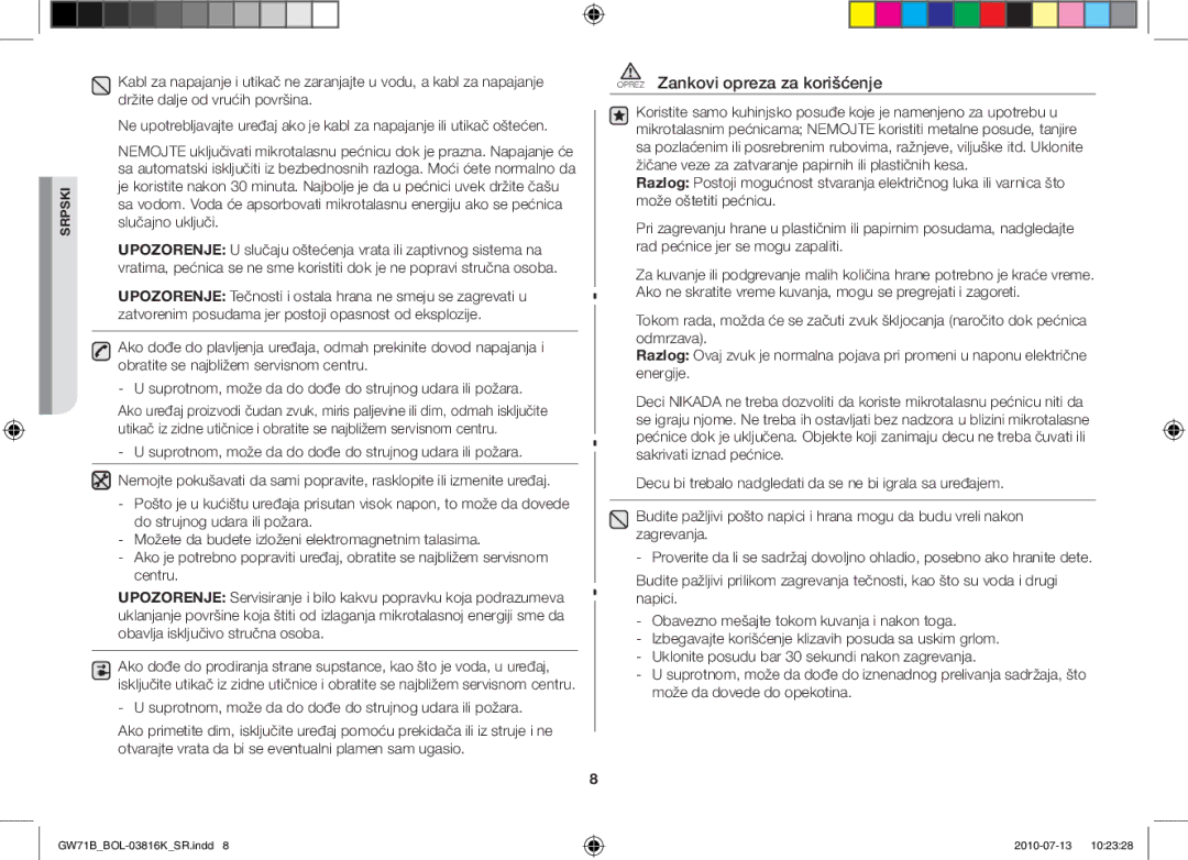 Samsung GW71B/XET, GW71B/BOL, GW71B/ELE, GW71B/XEG, GW71B/XEO manual Oprez Zankovi opreza za korišćenje 