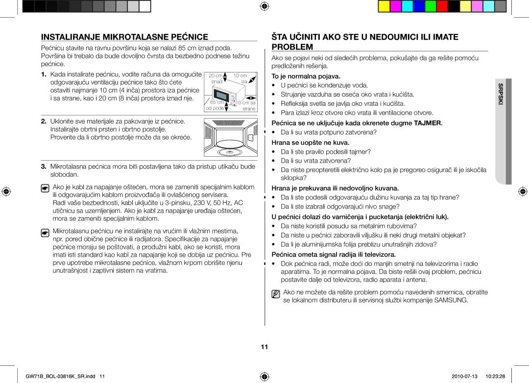 Samsung GW71B/XEG, GW71B/XET manual Instaliranje mikrotalasne pećnice, Šta učiniti ako ste u nedoumici ili imate problem 