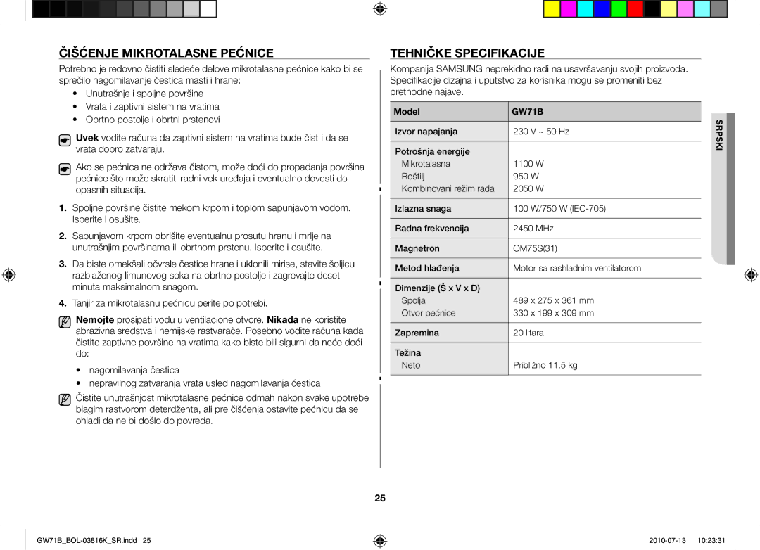 Samsung GW71B/ELE, GW71B/XET, GW71B/BOL, GW71B/XEG, GW71B/XEO manual Čišćenje mikrotalasne pećnice, Tehničke specifikacije 