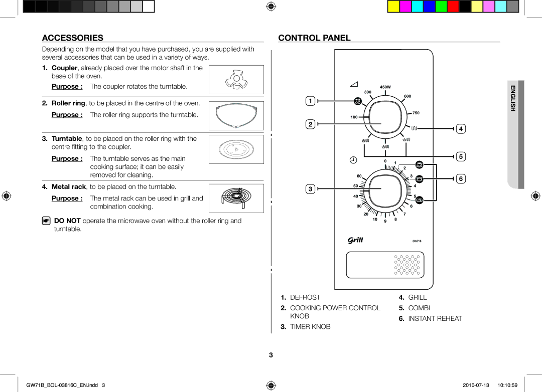 Samsung GW71B/XEG, GW71B/XET, GW71B/BOL, GW71B/ELE, GW71B/XEO manual Accessories, Control panel 