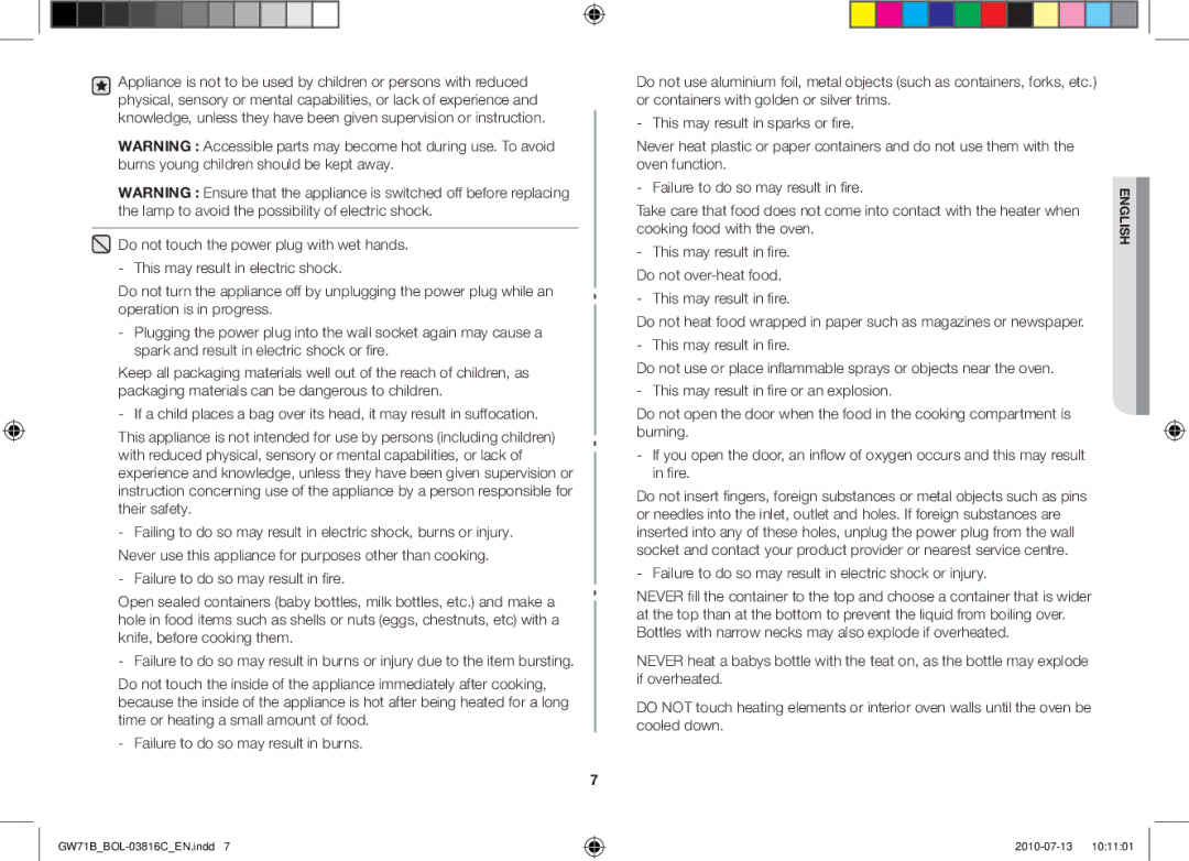 Samsung GW71B/ELE, GW71B/XET, GW71B/BOL, GW71B/XEG, GW71B/XEO manual This may result in fire. Do not over-heat food 