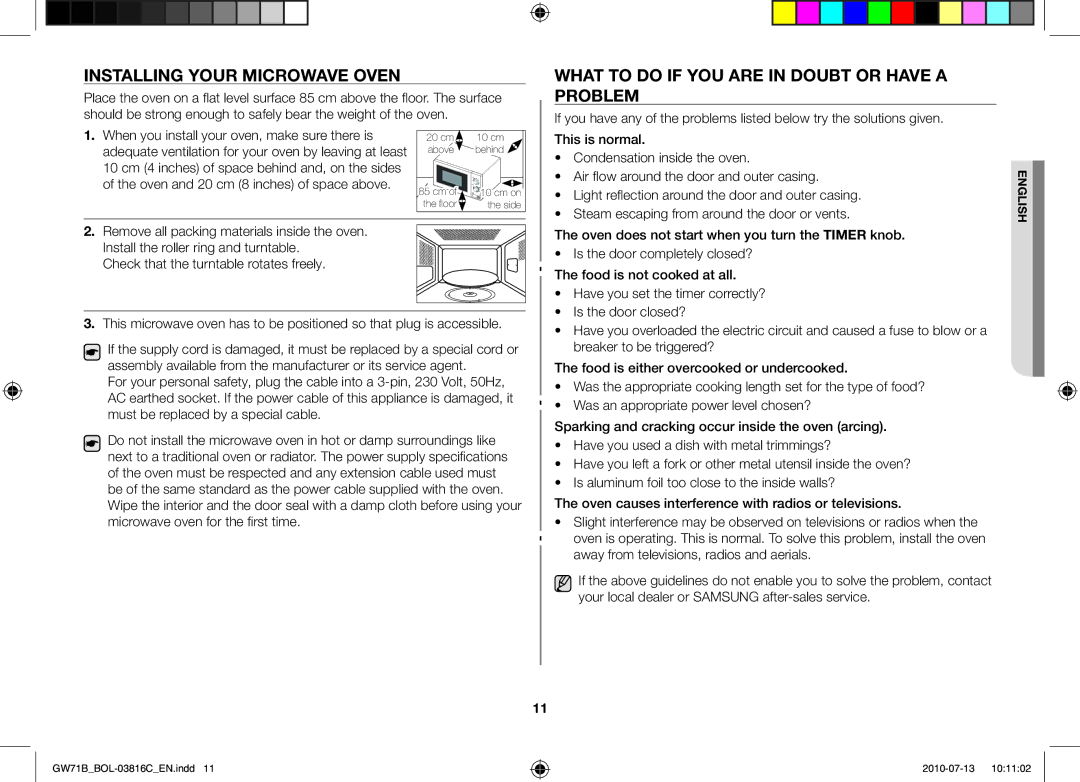 Samsung GW71B/BOL, GW71B/XET, GW71B/ELE Installing your microwave oven, What to do if you are in doubt or have a problem 