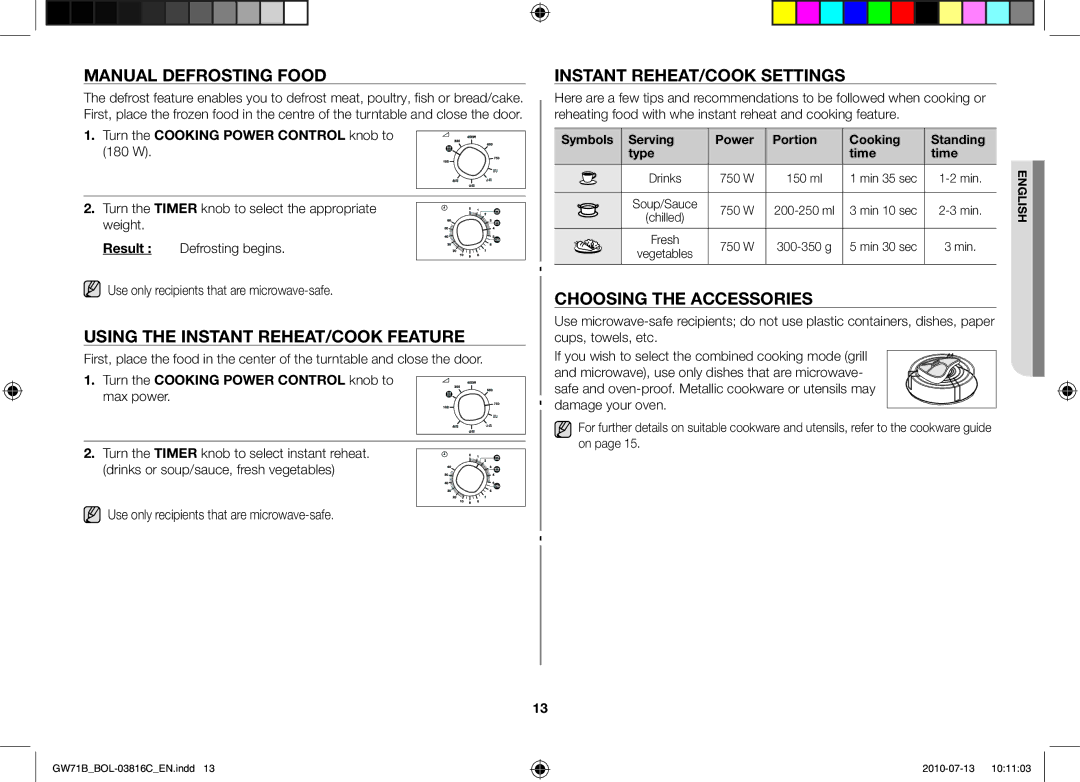 Samsung GW71B/XEG, GW71B/XET Manual defrosting food, Using the instant reheat/cook feature, Instant reheat/cook settings 