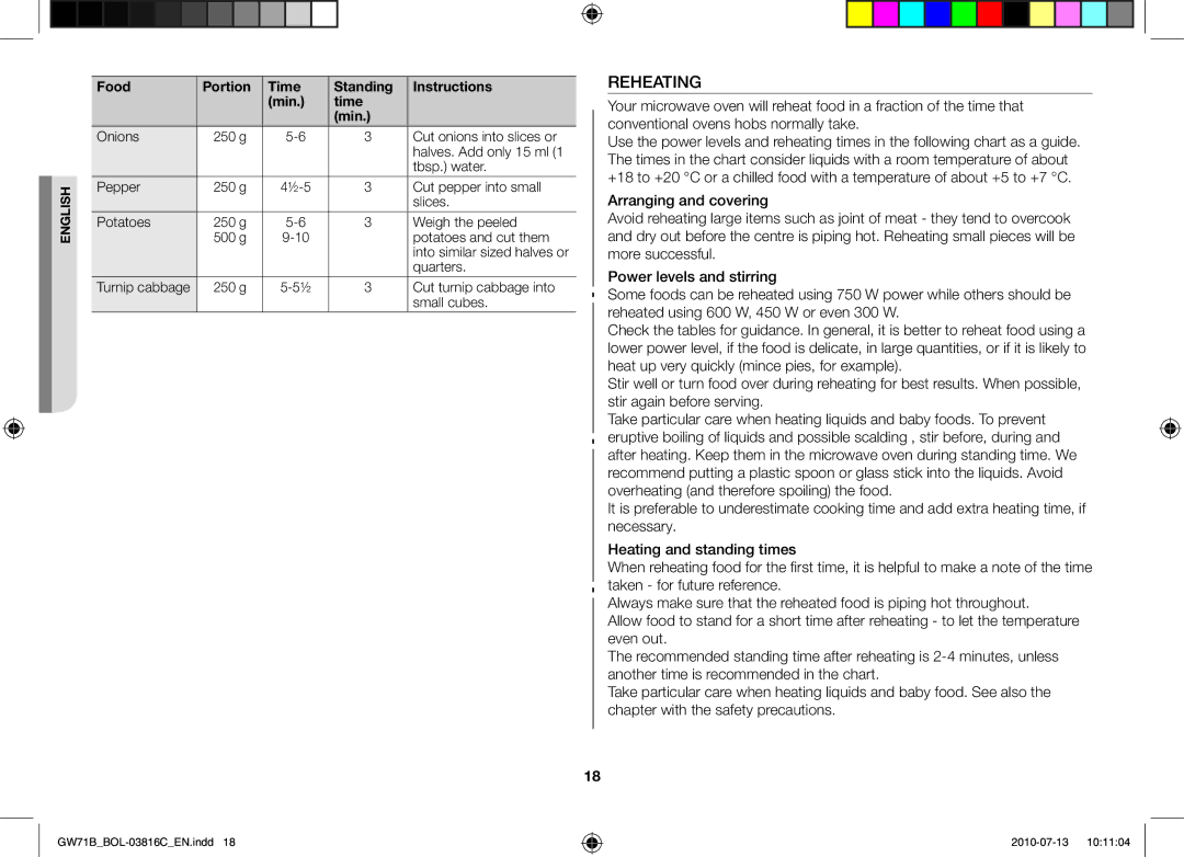 Samsung GW71B/XEG, GW71B/XET, GW71B/BOL, GW71B/ELE, GW71B/XEO manual Reheating 