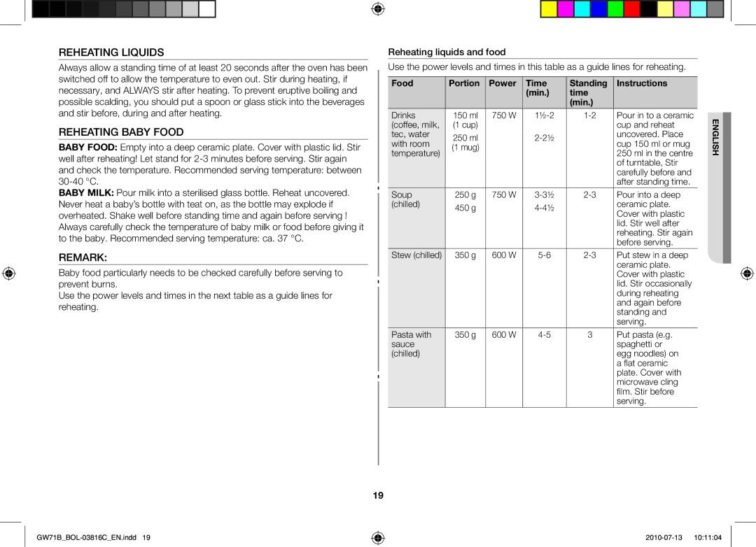 Samsung GW71B/XEO, GW71B/XET, GW71B/BOL, GW71B/ELE, GW71B/XEG manual Reheating Liquids, Reheating Baby Food, Remark 