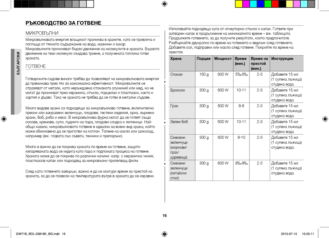 Samsung GW71B/BOL, GW71B/XET, GW71B/ELE, GW71B/XEG, GW71B/XEO manual Ръководство за готвене, Микровълни, Готвене 