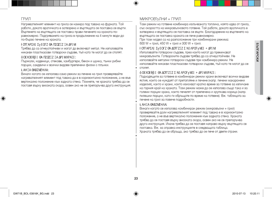 Samsung GW71B/XEG, GW71B/XET Микровълни + Грил, Готварски съдове за печене на грил, Подходящи за печене на грил храни 