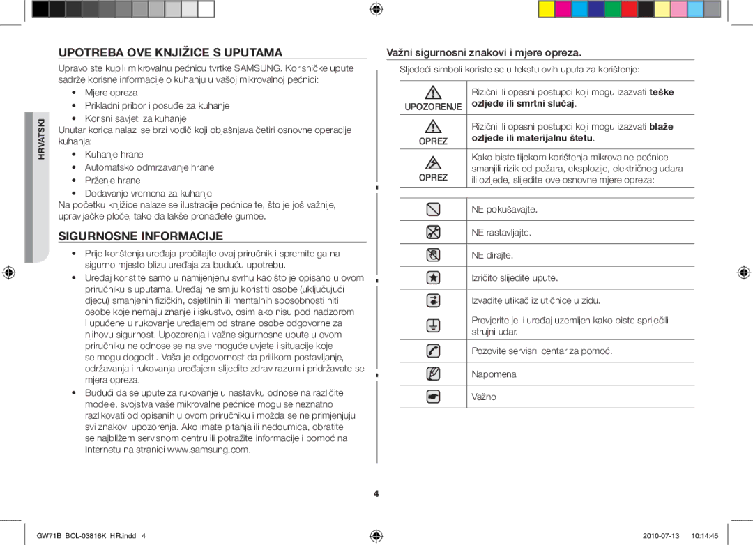 Samsung GW71B/ELE manual Upotreba ove knjižice s uputama, Sigurnosne informacije, Važni sigurnosni znakovi i mjere opreza 