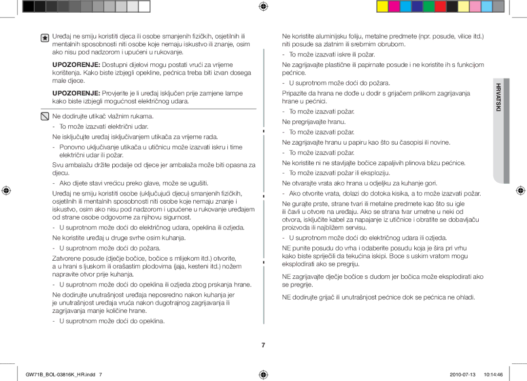 Samsung GW71B/XET, GW71B/BOL, GW71B/ELE, GW71B/XEG, GW71B/XEO manual To može izazvati požar. Ne pregrijavajte hranu 