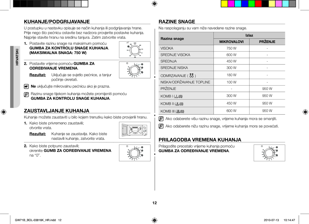 Samsung GW71B/XET, GW71B/BOL manual Kuhanje/Podgrijavanje, Zaustavljanje kuhanja, Razine snage, Prilagodba vremena kuhanja 