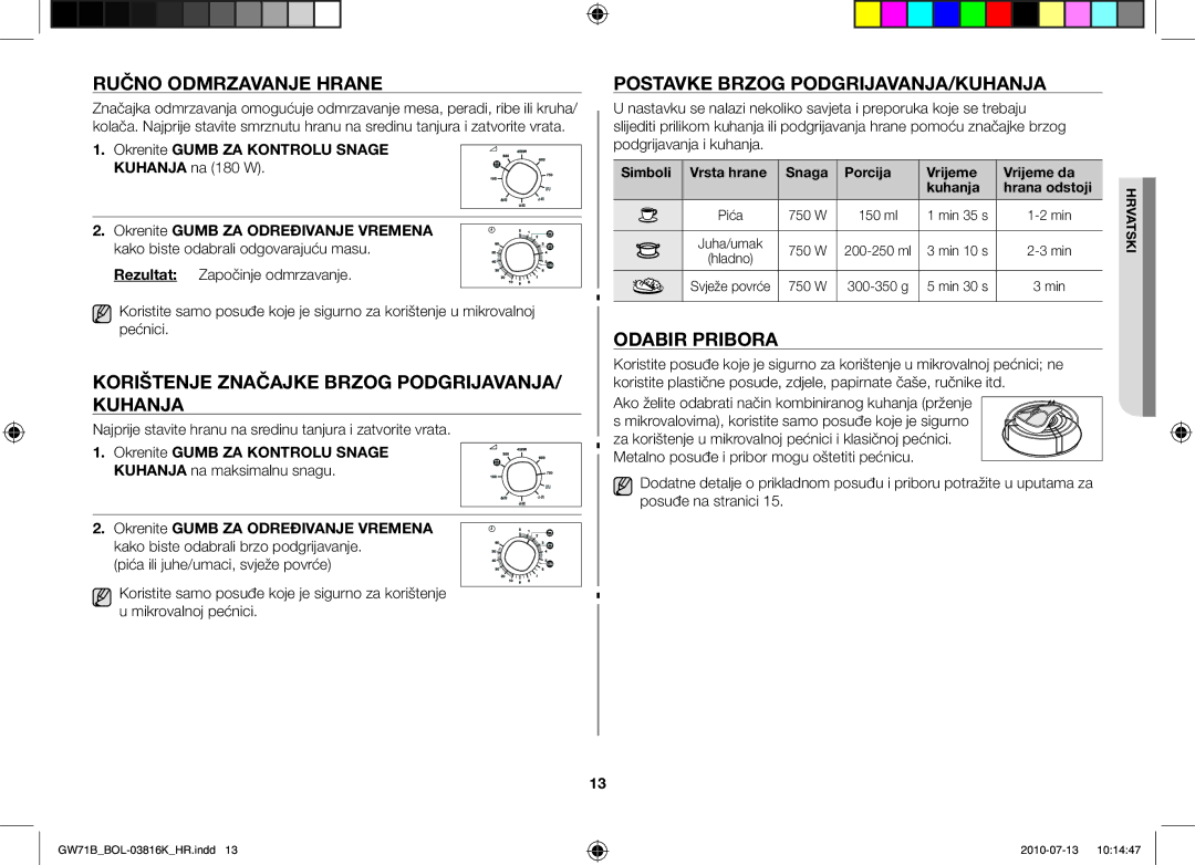 Samsung GW71B/BOL, GW71B/XET Ručno odmrzavanje hrane, Korištenje značajke brzog podgrijavanja/ kuhanja, Odabir pribora 