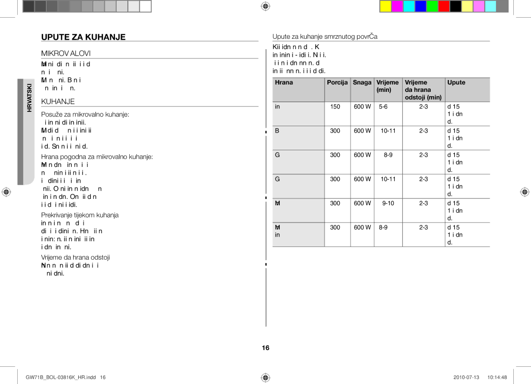 Samsung GW71B/XEO, GW71B/XET, GW71B/BOL, GW71B/ELE manual Upute za kuhanje, Mikrovalovi, Kuhanje, Posuđe za mikrovalno kuhanje 