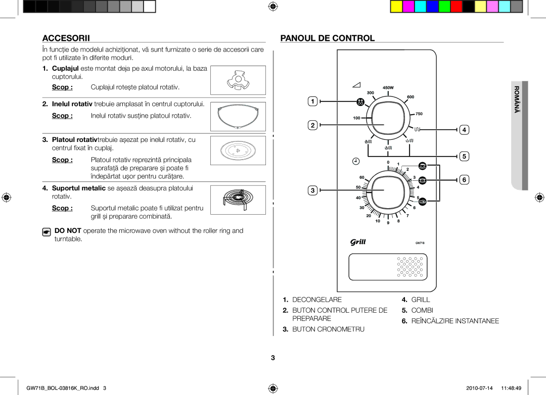 Samsung GW71B/ELE, GW71B/XET, GW71B/BOL, GW71B/XEG, GW71B/XEO manual Accesorii, Panoul de control 