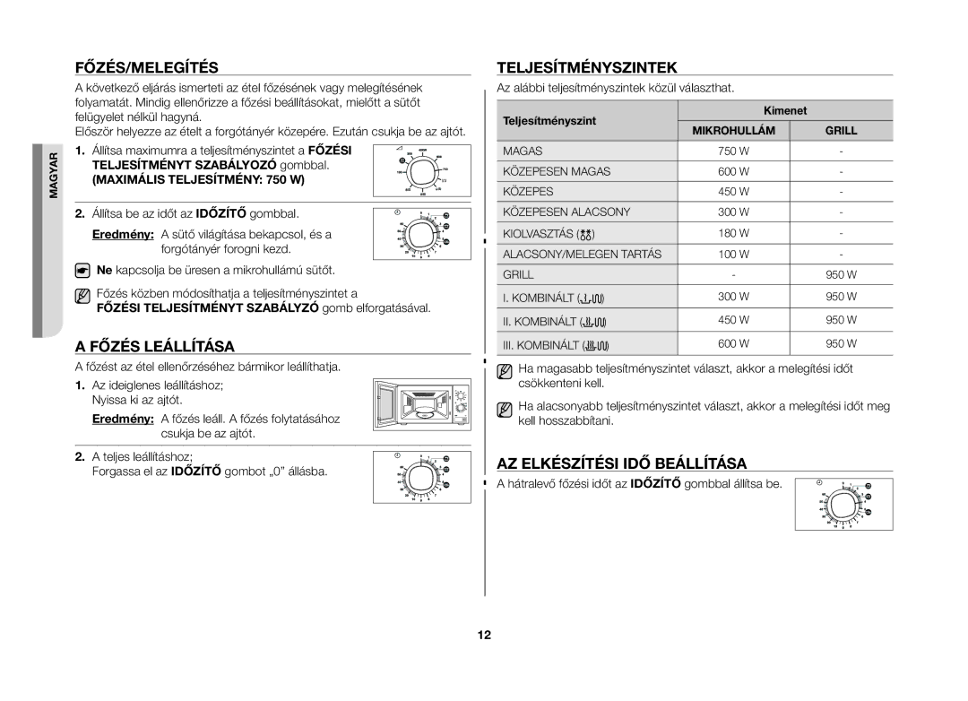 Samsung GW71B/ELE, GW71B/XET manual Főzés/Melegítés, Főzés Leállítása, Teljesítményszintek, AZ Elkészítési IDŐ Beállítása 