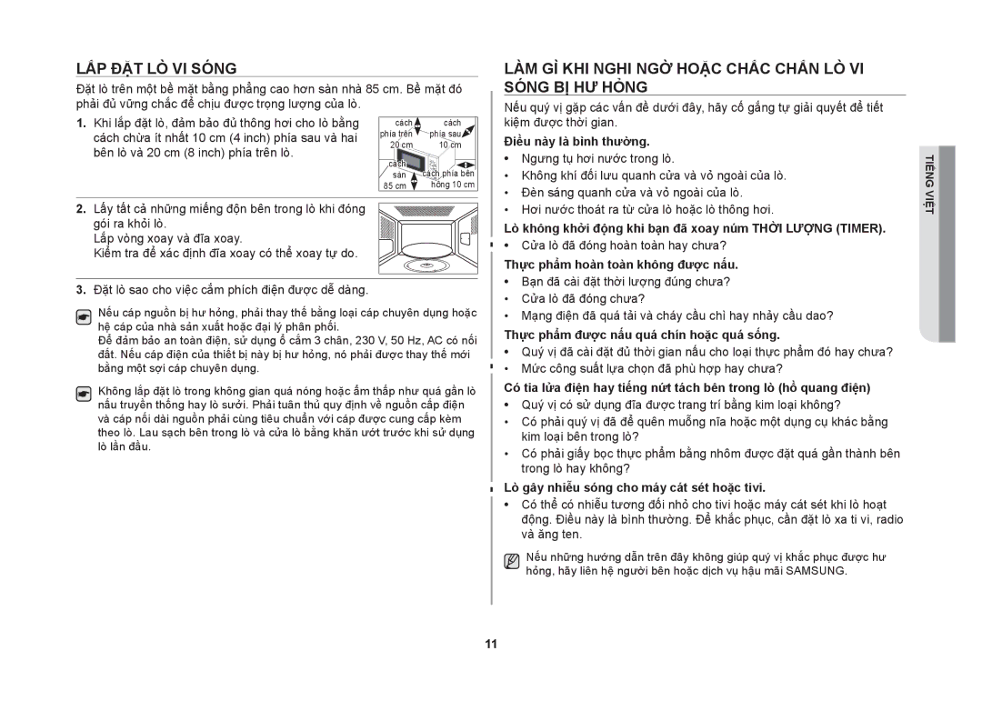 Samsung GW71B/XSV manual Lắp đặt lò vi sóng, Làm gì khi nghi ngờ hoặc chắc chắn lò vi sóng bị hư hỏng 