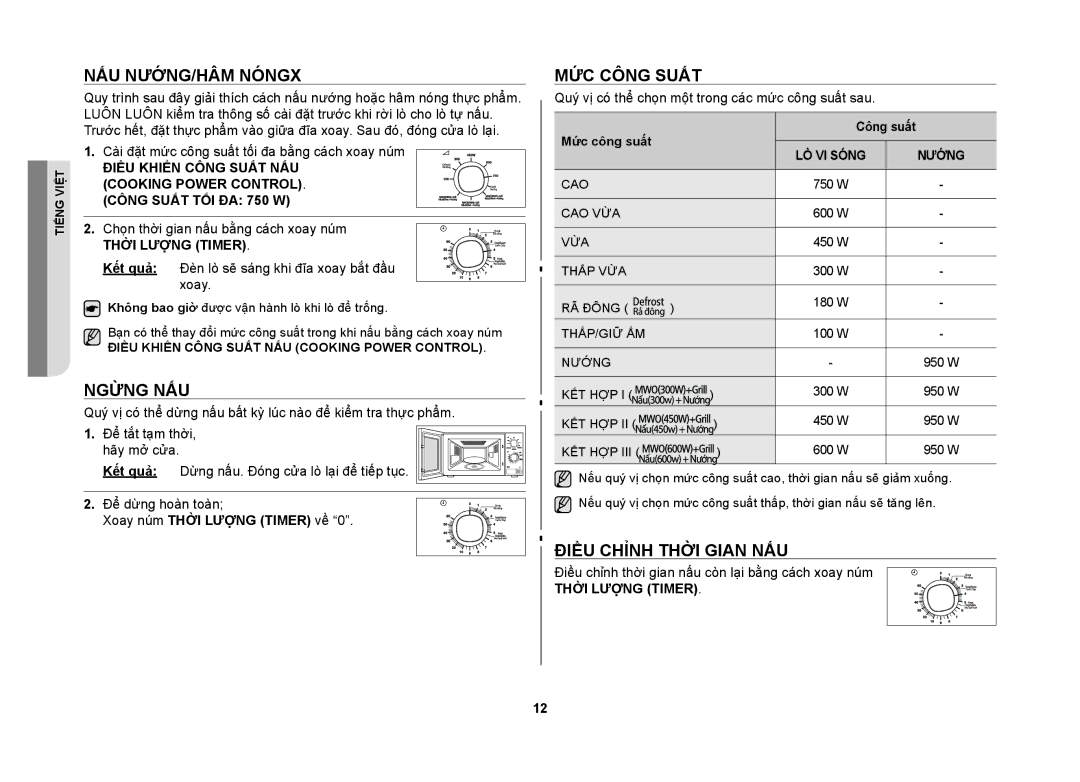 Samsung GW71B/XSV Nấu nướng/Hâm nóngx, Ngừng nấu, Mức công suất, Điều chỉnh thời gian nấu, Xoay núm Thời Lượng Timer về 