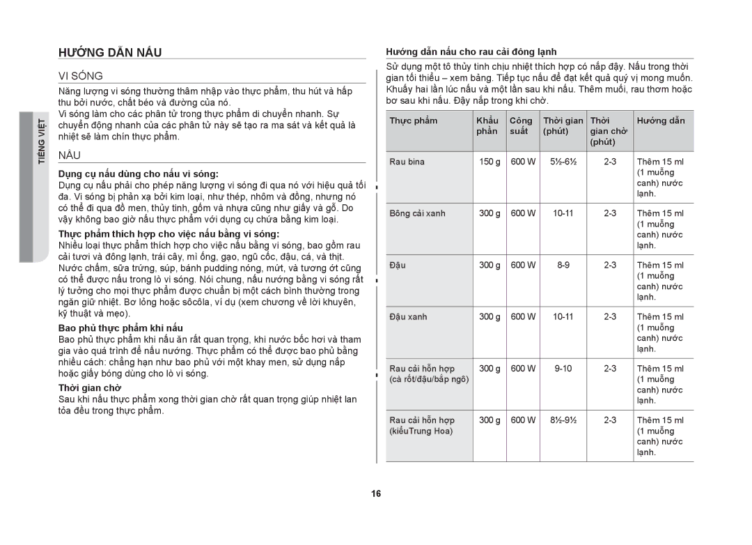 Samsung GW71B/XSV manual Hướng dẫn nấu, VI Sóng, Nấu 