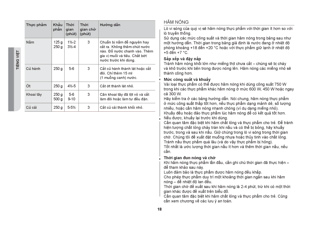 Samsung GW71B/XSV manual HÂM Nóng, Sắp xếp và đậy nắp, Mức công suất và khuấy, Thời gian đun nóng và chờ 