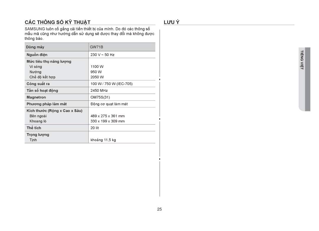 Samsung GW71B/XSV manual Các thông số kỹ thuật Lưu ý 