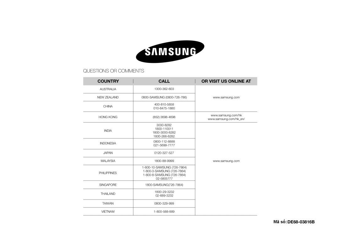 Samsung GW71B/XSV manual Questions or Comments, Mã số DE68-03816b 