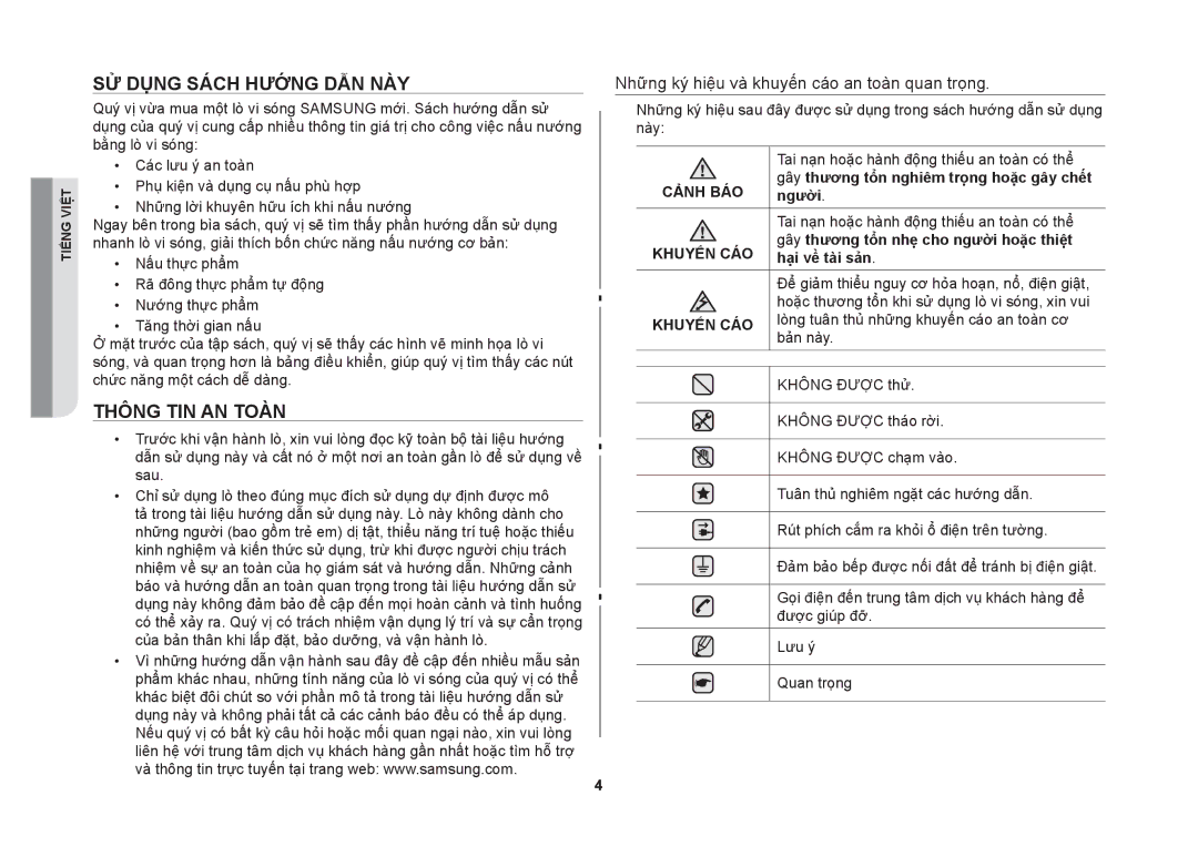 Samsung GW71B/XSV manual Sử dụng sách hướng dẫn này, Thông tin an toàn, Những ký hiệu và khuyến cáo an toàn quan trọng 