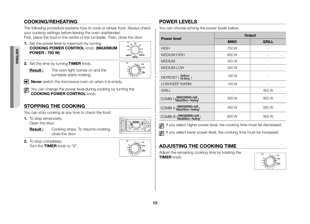 Samsung GW71B/XSV Cooking/Reheating, Stopping the cooking, Power levels, Adjusting the cooking time, Power level Output 