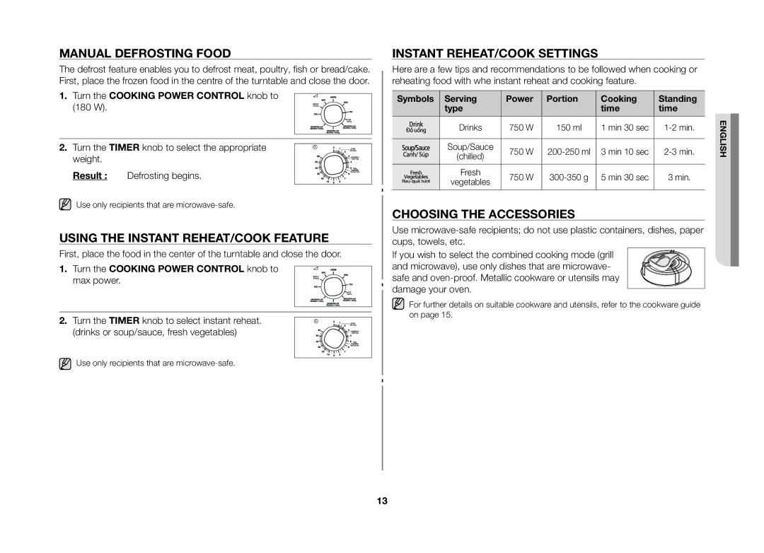 Samsung GW71B/XSV manual Manual defrosting food, Using the instant reheat/cook feature, Instant reheat/cook settings 