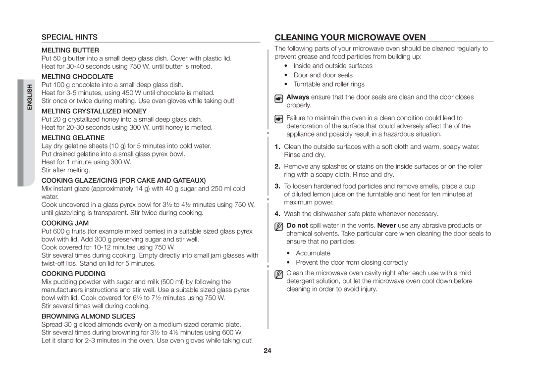 Samsung GW71B/XSV manual Cleaning your microwave oven, Special Hints 