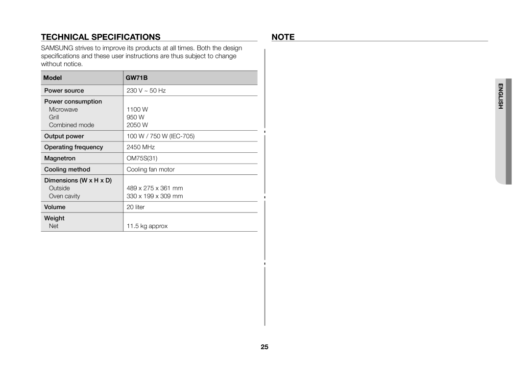 Samsung GW71B/XSV manual Technical specifications, Model 