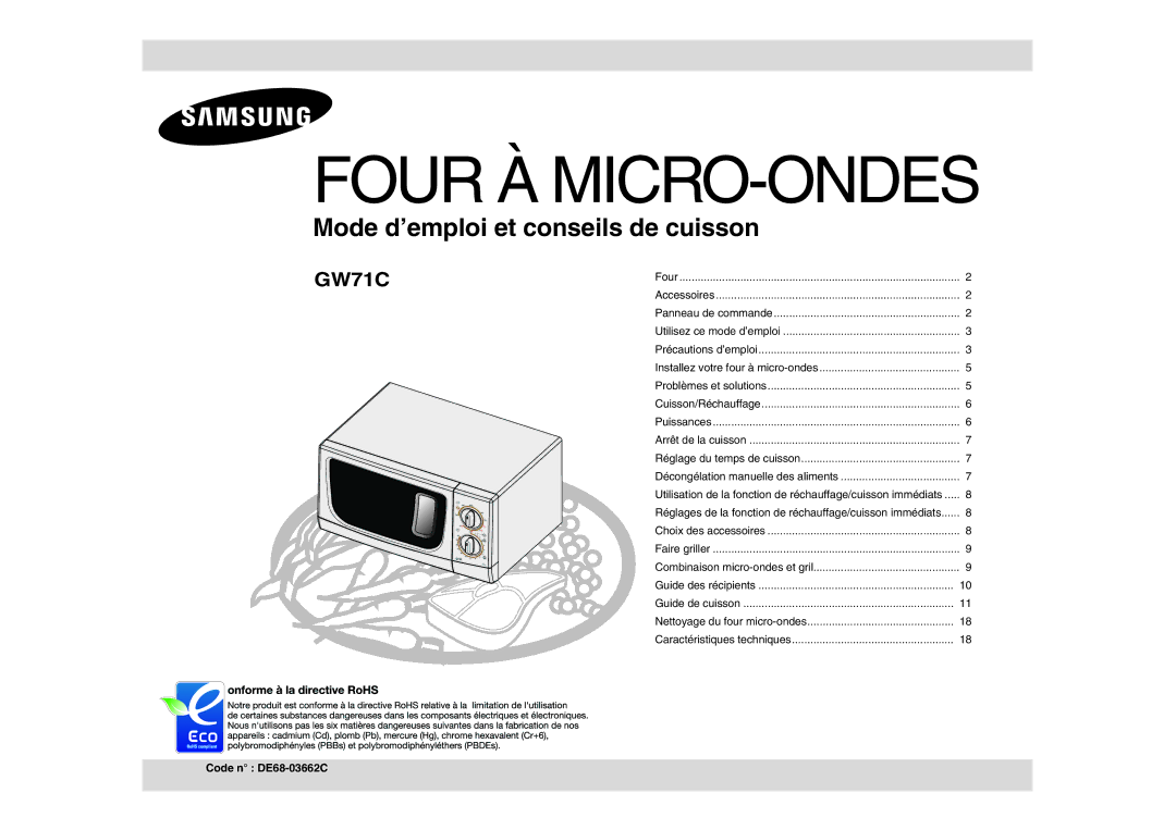 Samsung GW71C-S/XEF manual Four À MICRO-ONDES, Code n DE68-03662C 