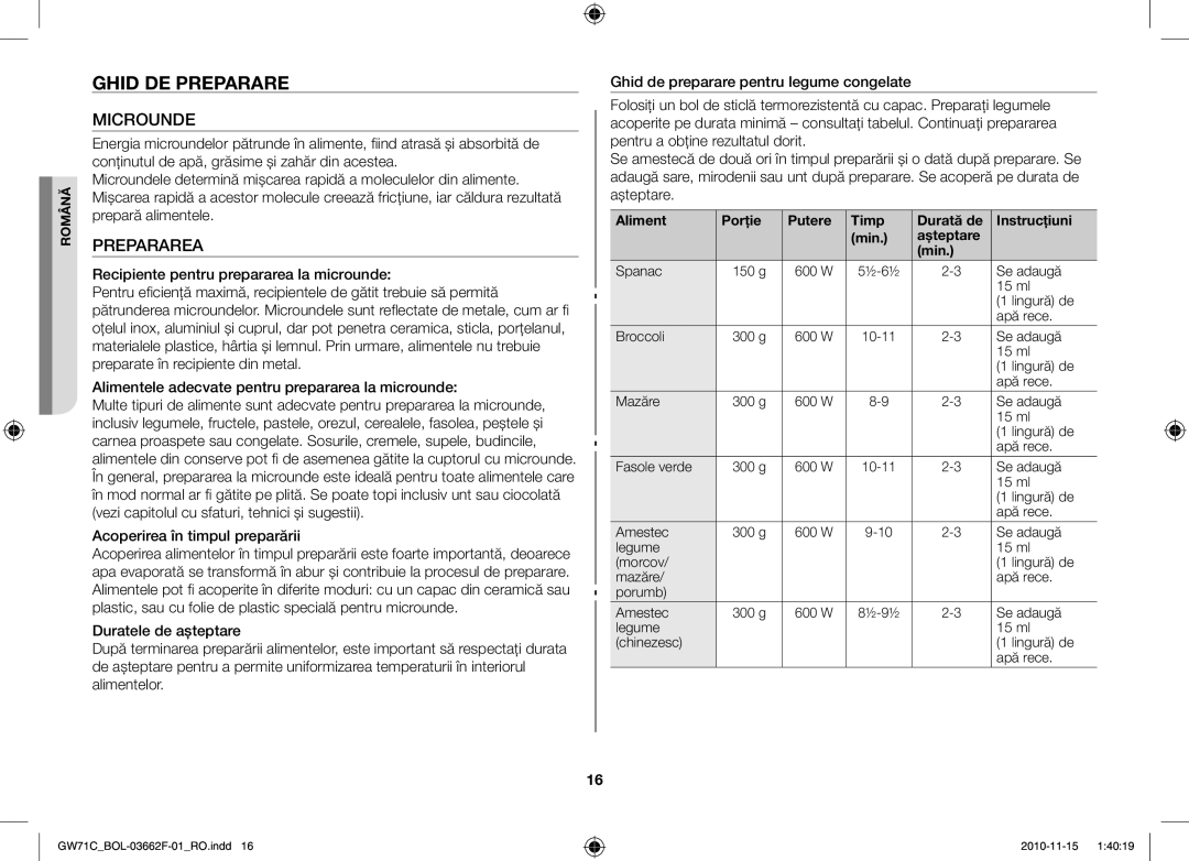 Samsung GW71C/XEH, GW71C/BOL, GW71C-S/XEH manual Ghid DE Preparare, Microunde, Prepararea 