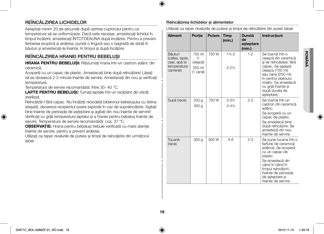 Samsung GW71C/XEH, GW71C/BOL, GW71C-S/XEH manual Reîncălzirea Lichidelor, Reîncălzirea Hranei Pentru Bebeluşi 