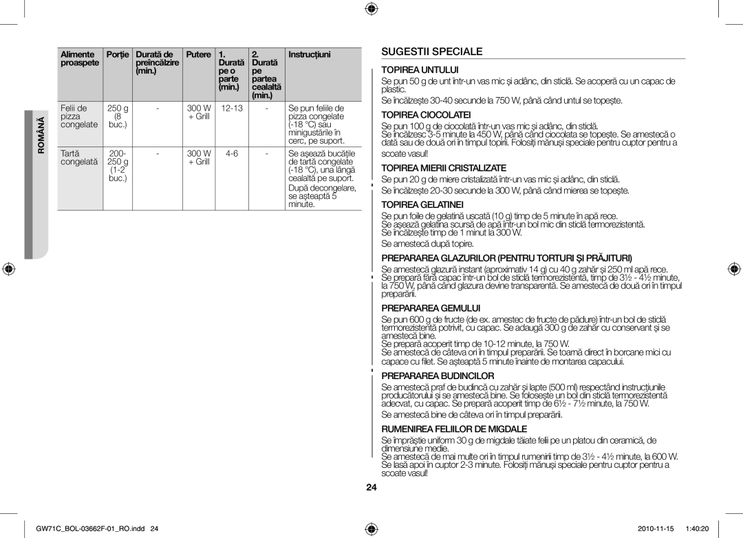 Samsung GW71C/BOL, GW71C/XEH manual Sugestii Speciale, Scoate vasul, Se amestecă bine de câteva ori în timpul preparării 