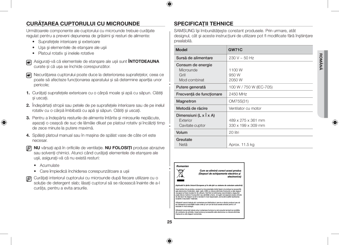 Samsung GW71C/XEH, GW71C/BOL, GW71C-S/XEH manual Curăţarea Cuptorului CU Microunde, Specificaţii Tehnice 