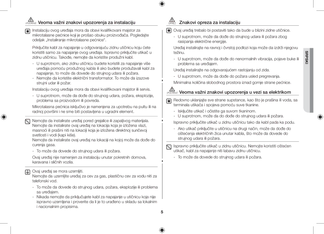 Samsung GW71C/BOL, GW71C/XEH Upozorenje Veoma važni znakovi upozorenja za instalaciju, Oprez Znakovi opreza za instalaciju 