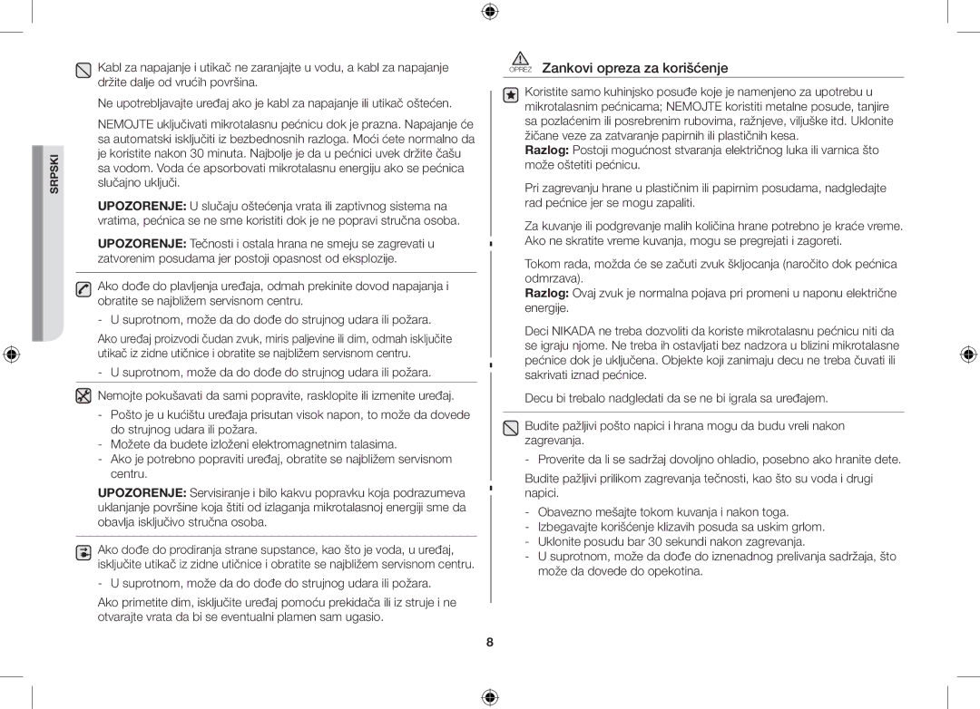 Samsung GW71C/BOL, GW71C/XEH, GW71C-S/XEH manual Oprez Zankovi opreza za korišćenje 