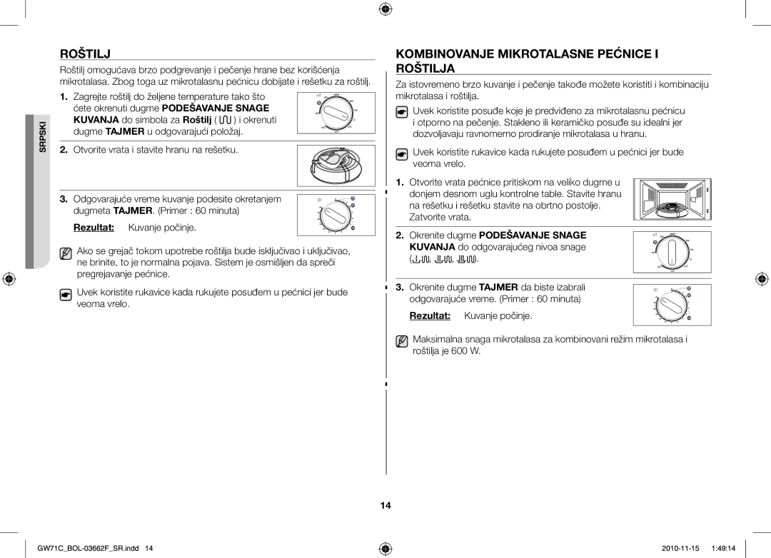 Samsung GW71C/BOL, GW71C/XEH, GW71C-S/XEH manual Kombinovanje Mikrotalasne Pećnice I Roštilja 