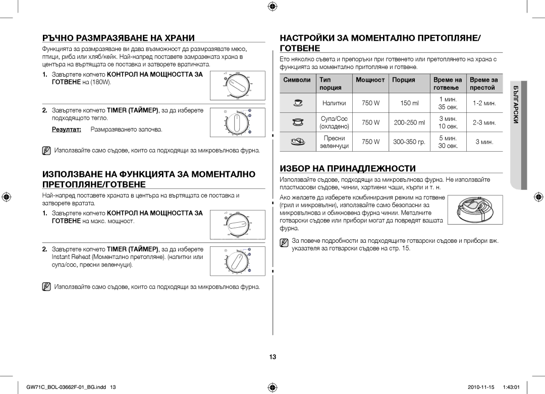 Samsung GW71C/XEH, GW71C/BOL manual Ръчно Размразяване НА Храни, Използване НА Функцията ЗА Моментално ПРЕТОПЛЯНЕ/ГОТВЕНЕ 