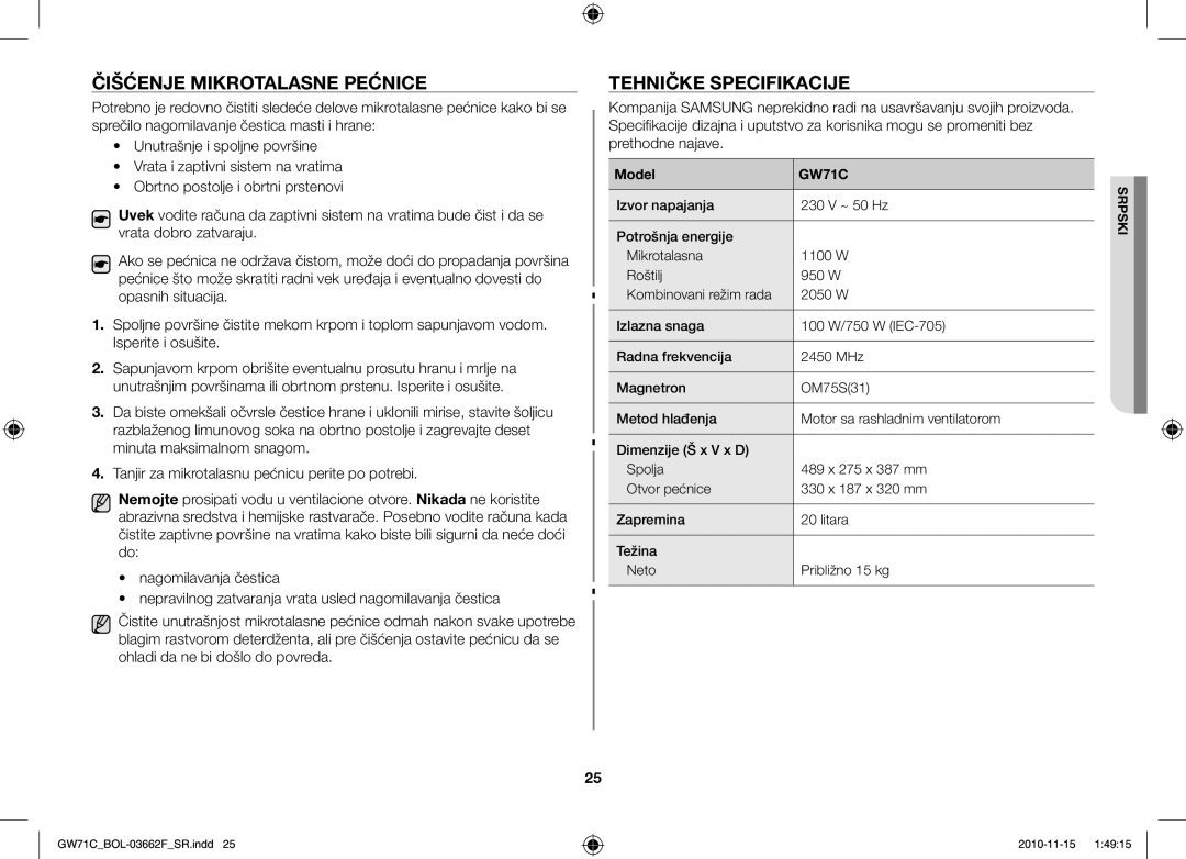 Samsung GW71C-S/XEH, GW71C/BOL, GW71C/XEH manual Čišćenje Mikrotalasne Pećnice, Tehničke Specifikacije 